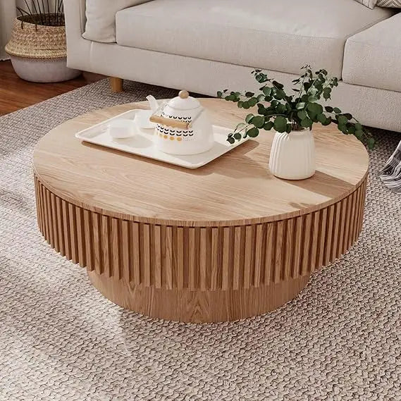 Modern Wooden Round Coffee Table with Storage, Solid Wood Veneer Accent Table for Living Room