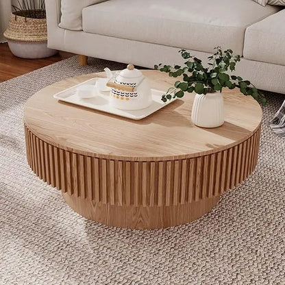Modern Wooden Round Coffee Table with Storage, Solid Wood Veneer Accent Table for Living Room