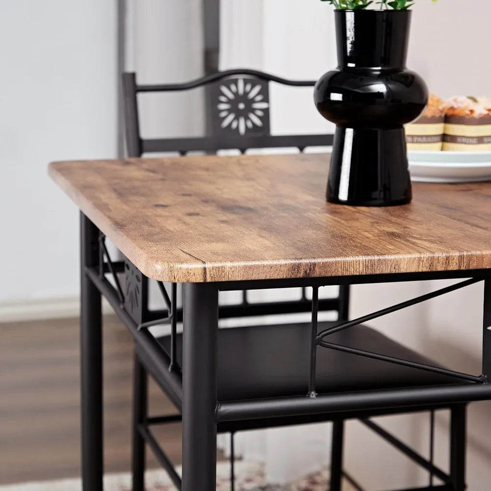 Compact 3-Piece Dining Table Set for Two with PU Padded Chairs, Retro Brown - Space-Saving Kitchen Furniture