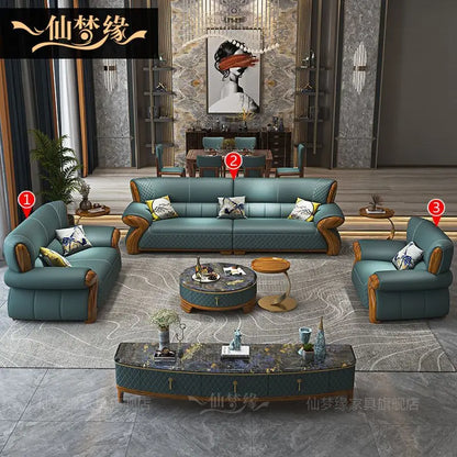 New leather sofa modern simple light luxury ebony solid wood new Chinese small apartment living room popular furniture