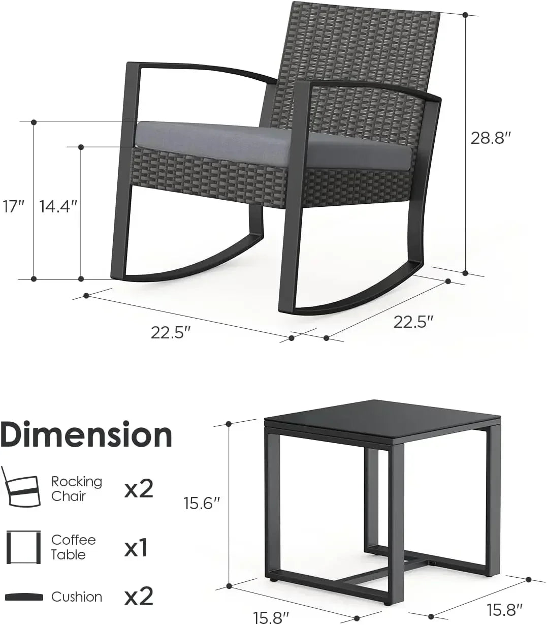 2025New3 Piece Wicker Patio Furniture Set, Outdoor Rocking Chairs, Outdoor Furniture with Table & Cushions, Patio Chairs Balcony