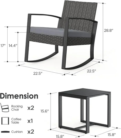 2025New3 Piece Wicker Patio Furniture Set, Outdoor Rocking Chairs, Outdoor Furniture with Table & Cushions, Patio Chairs Balcony