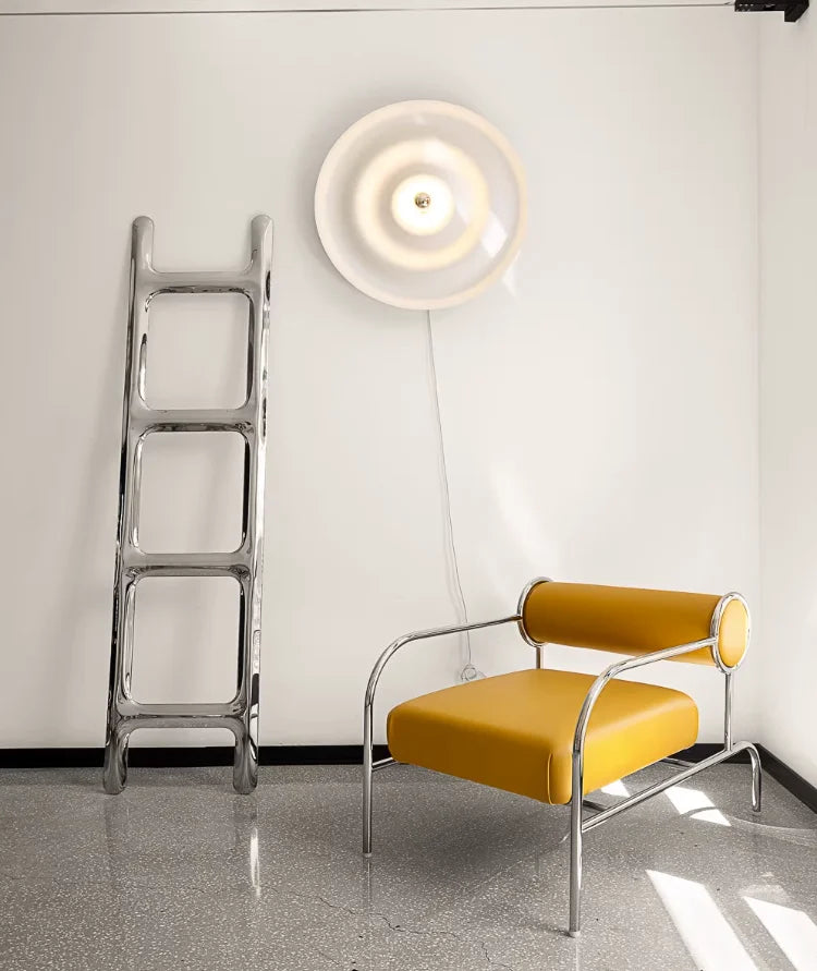 Art Deco Style Chrome & Leather Lounge Chair,Accent Leisure Chair with Geometric Metal Frame,Retro Furniture for Living Room