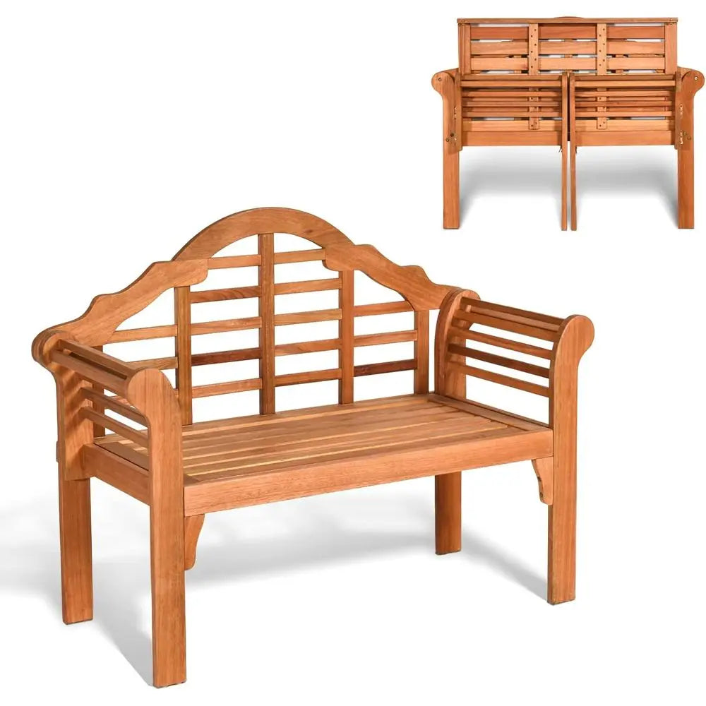 Outdoor Wood Bench, 4 Ft Foldable Eucalyptus Garden Bench, Two Person Loveseat Chair Solid with Curved Backrest and Armrest Idea
