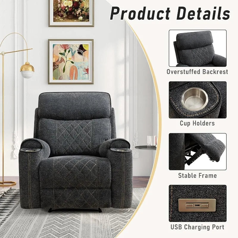 HAOMARKETS Electric Recliner Chair, Soft Fabric Power Recliners with Metal Cup Holders, Single Overstuffed Heavy Duty Reclining