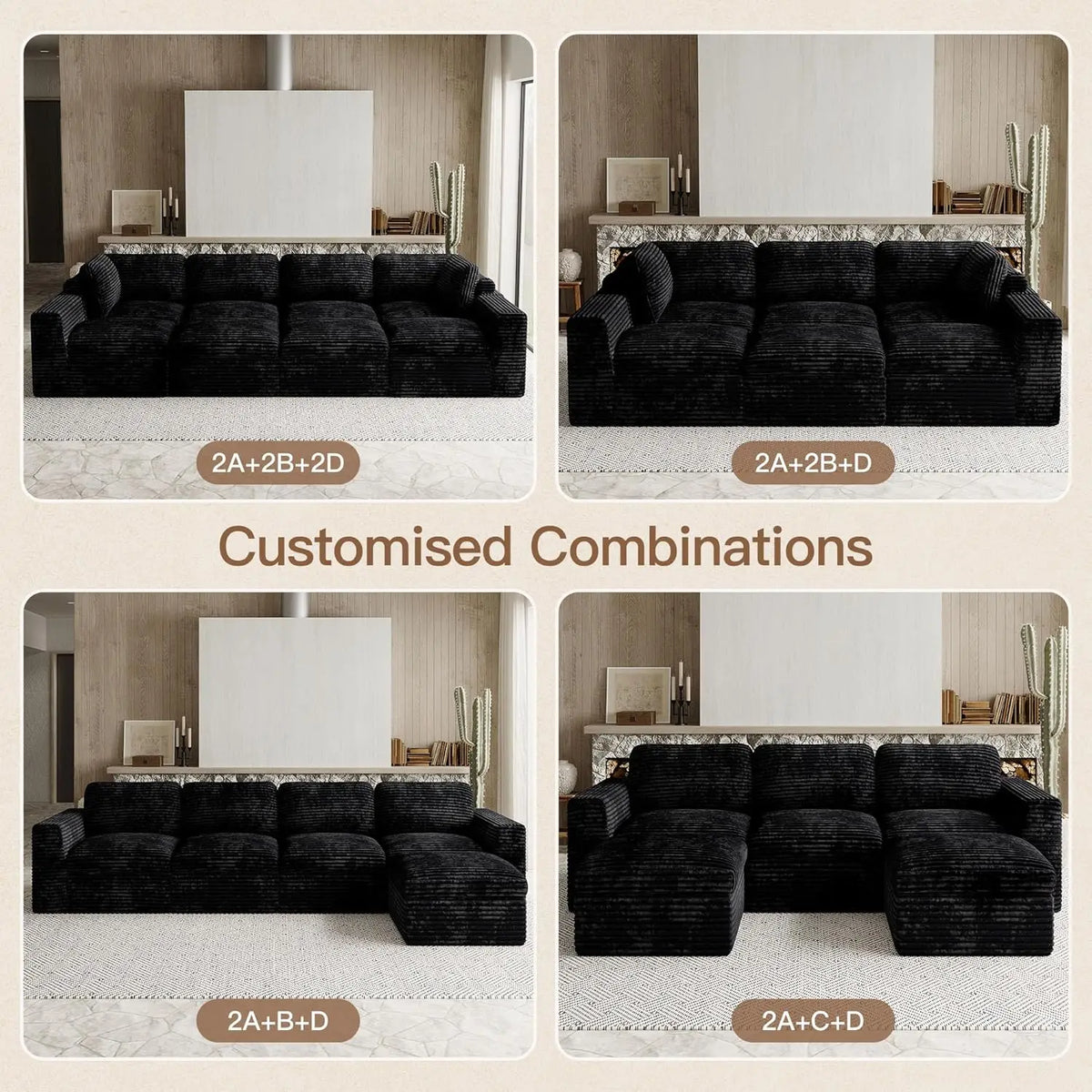 Cloud Sectional Couches for Living Room Plush Corduroy U Shaped Boneless Modular Sectional Sofa with Deep Seat. Black Couch