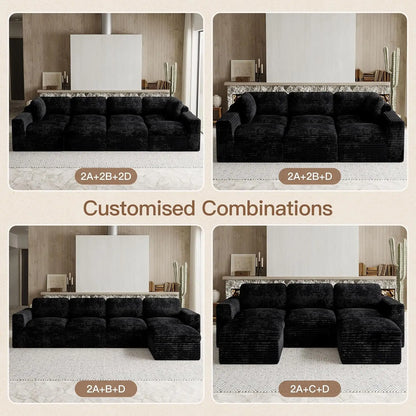 Cloud Sectional Couches for Living Room Plush Corduroy U Shaped Boneless Modular Sectional Sofa with Deep Seat. Black Couch
