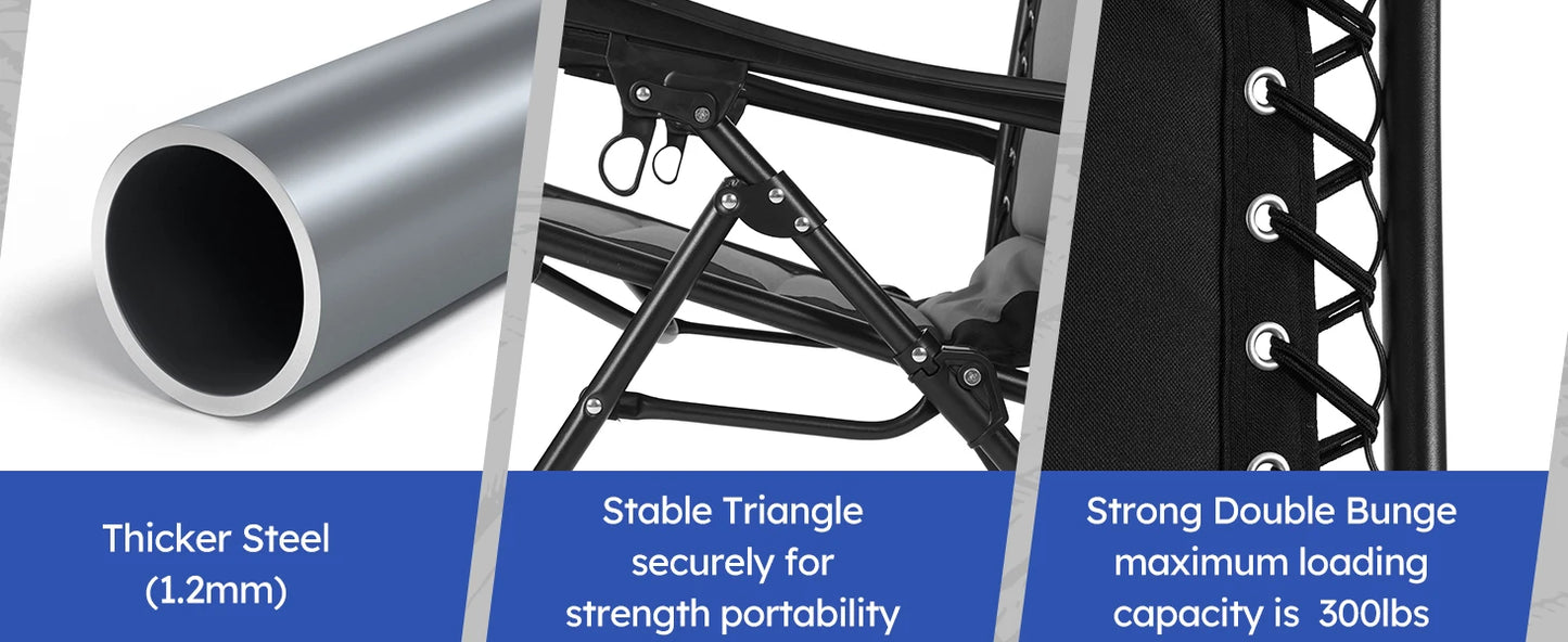 Oversized Padded Zero Gravity Lounge Chair, Foldable Patio Anti Gravity Reclining Chairs Folding Lawn Recliner Support 350 LBS