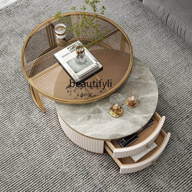 Light Luxury Stone Plate round Tea Table Small Apartment Modern Living Room Glass Coffee Table Living Room Home