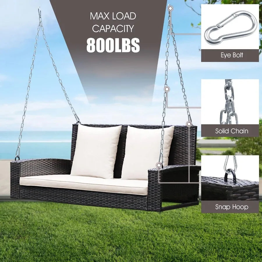 2Person Wicker Porch Swing Patiojoy Outdoor Rattan Hanging Swing Bench with 2 Back Cushions and 1 Seat Cushion Sturdy Steel Cha