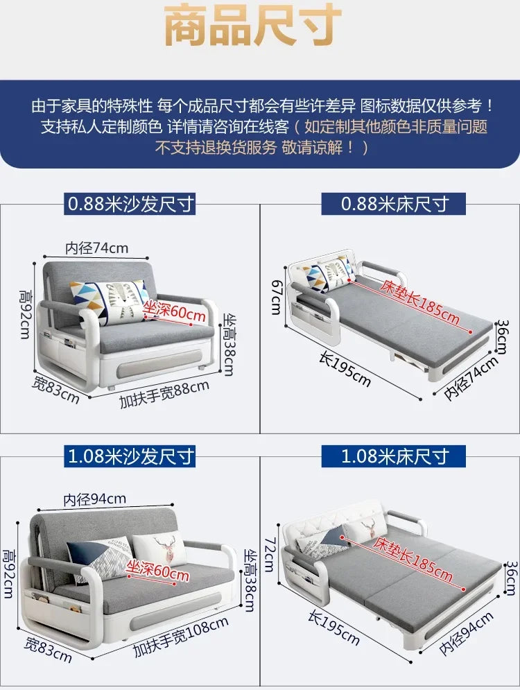 Modern Folding Sofa Bed with Fabric Upholstery Apartment Furniture Metal Frame Extendable for Living Room Dining Hotel Use