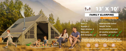 129 Square Feet Green Inflatable Camping Tent with Hand Pump,Waterproof Windproof Outdoor Blow up Tent with Chimney Stack