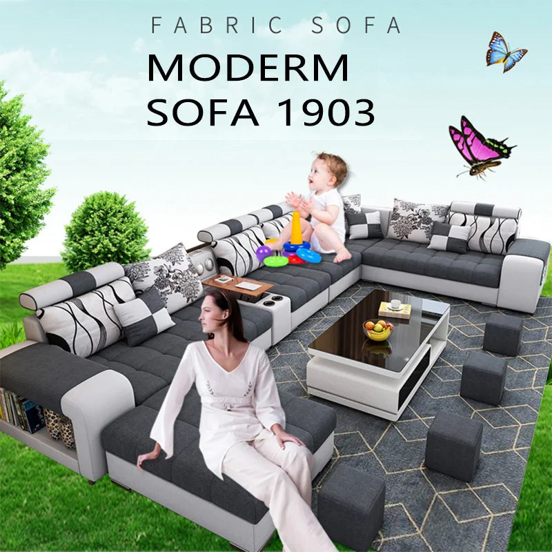 Modern Fabric Sofa Set Furniture Living Room Sofa Set with USB and Stools U Shape Cloth Couch Sofas for Home Furniture 1903