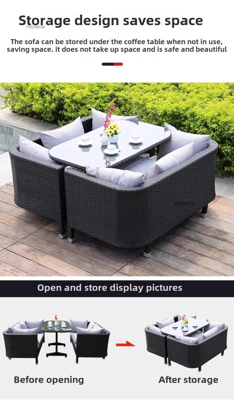 European Outdoor Garden Sofas Leisure PE Rattan Garden Terrace Sofa Chair Set Courtyard Balcony Double Sofa Outdoor Furniture AA