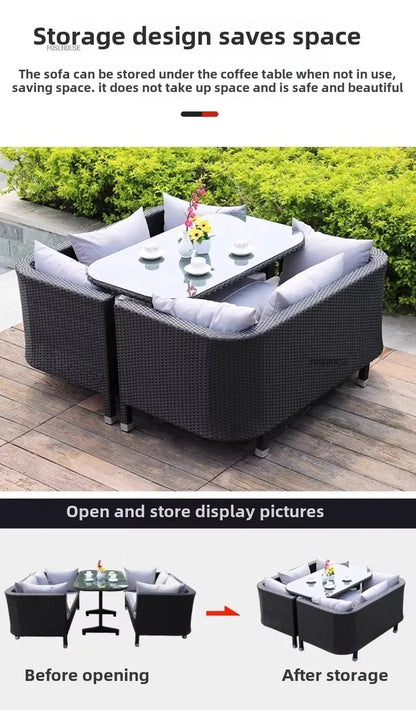 European Outdoor Garden Sofas Leisure PE Rattan Garden Terrace Sofa Chair Set Courtyard Balcony Double Sofa Outdoor Furniture AA