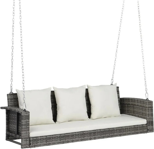 [XMSJ]Heavy Duty 800 LBS Wicker Hanging Porch Swing with Cushions & Chains, 5FT Outdoor Rattan Swing Bench for Garden, Yard, Law