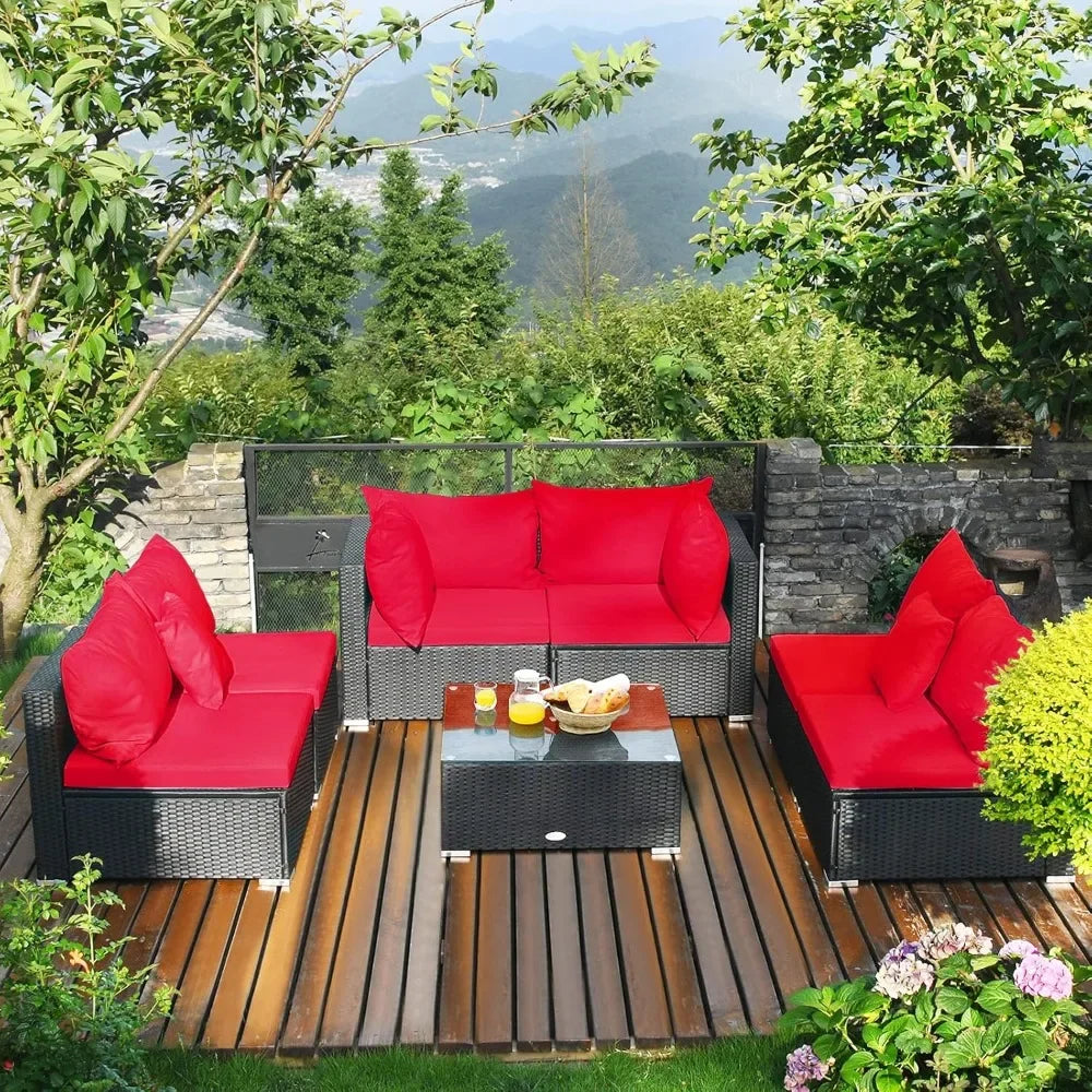7 Piece Patio Furniture Set, Outdoor Sectional Sofa w/Pillows and Cushions, Wicker Sofa Conversation Set with Coffee Table
