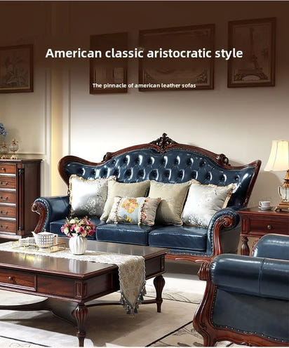 American all-solid wood leather sofa combination living room furniture large apartment European style