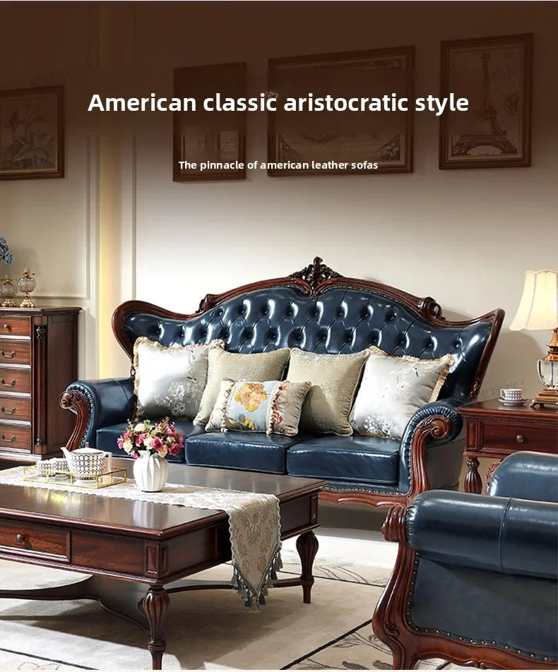 American all-solid wood leather sofa combination living room furniture large apartment European style