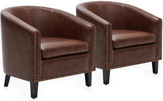 Accent Barrel Chair, Set of 2 Modern Faux Leather Tub Club Chairs with Gold Nail Trim & Black Legs - Brown