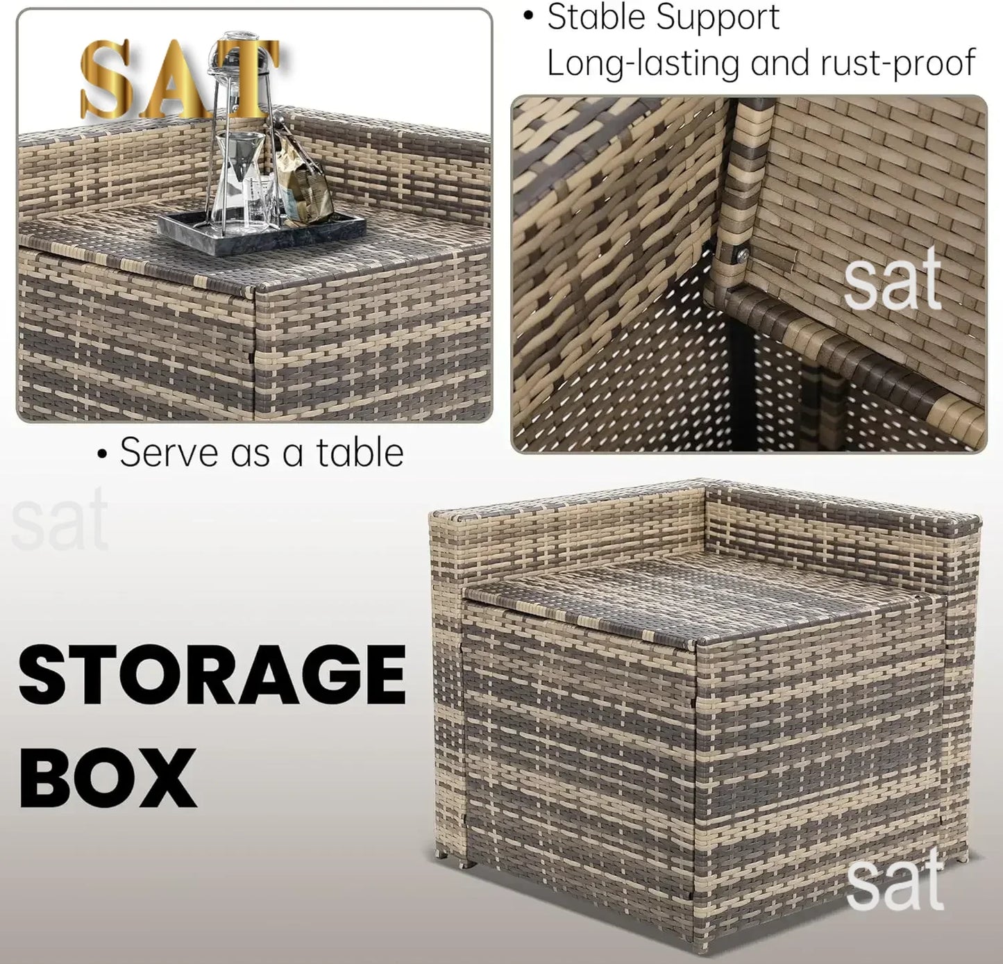 --8 Pieces Outdoor Wicker Rattan Patio Furniture Sectional Set, Glass Top Table with Hidden Storage, Oversized Cushions.sofa Bed