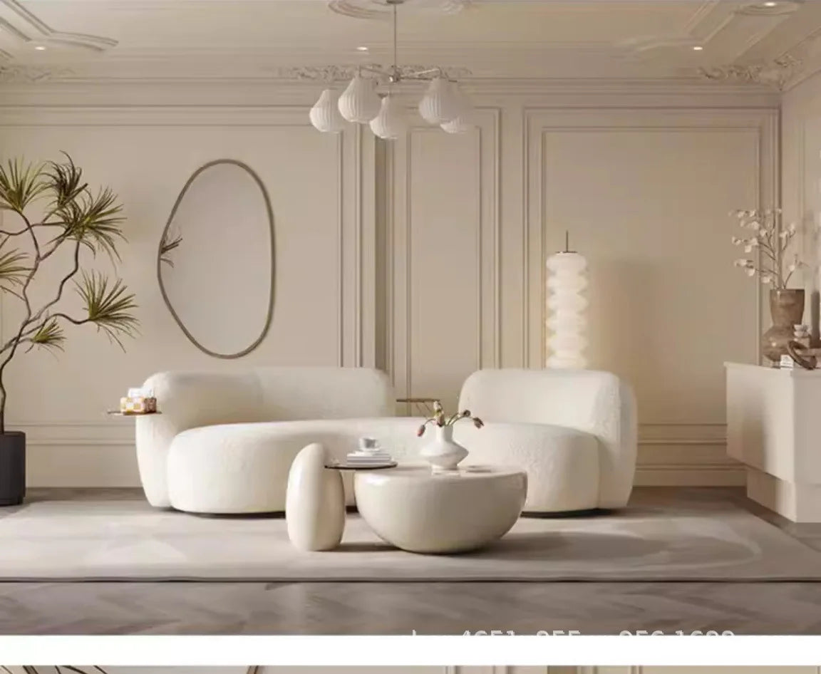 Cream style light luxury Italian minimalist curved sofa lamb flannel pea sofa modern living room small apartment