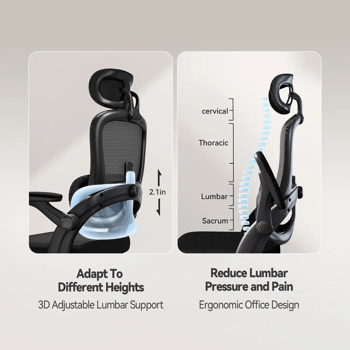 Ergonomic Office Chair with Adjustable Lumbar Support, High Back Design, 3D Armrests, and Tilt Function in Black