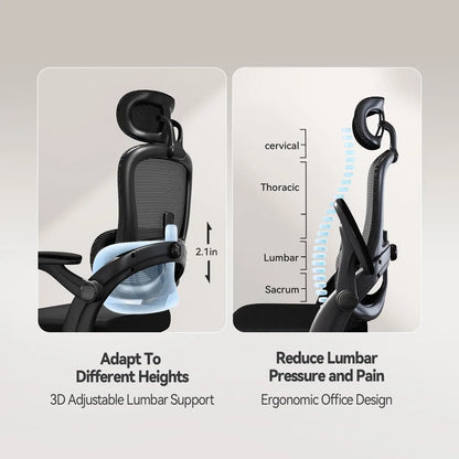 Ergonomic Office Chair with Adjustable Lumbar Support, High Back Design, 3D Armrests, and Tilt Function in Black