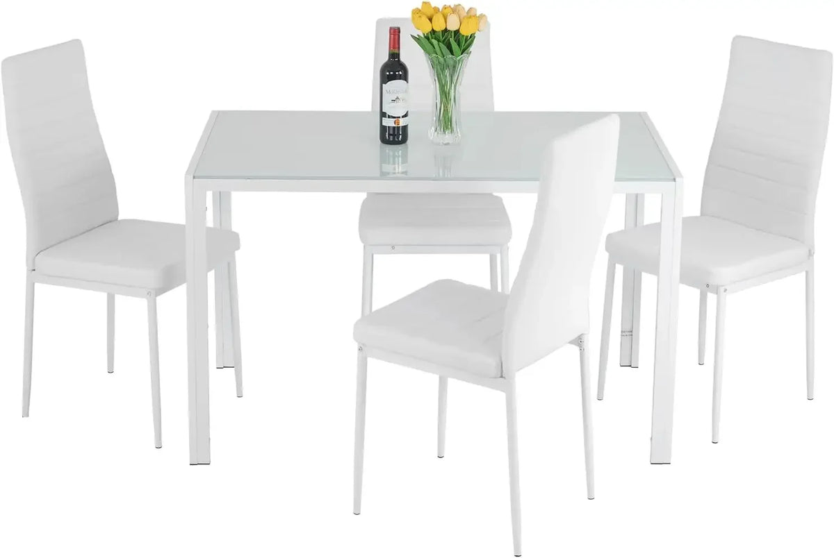 Dining Table and Chairs Set,Modern Rectangular Marble Table top with 4 Chairs PU Leather for Dining Room