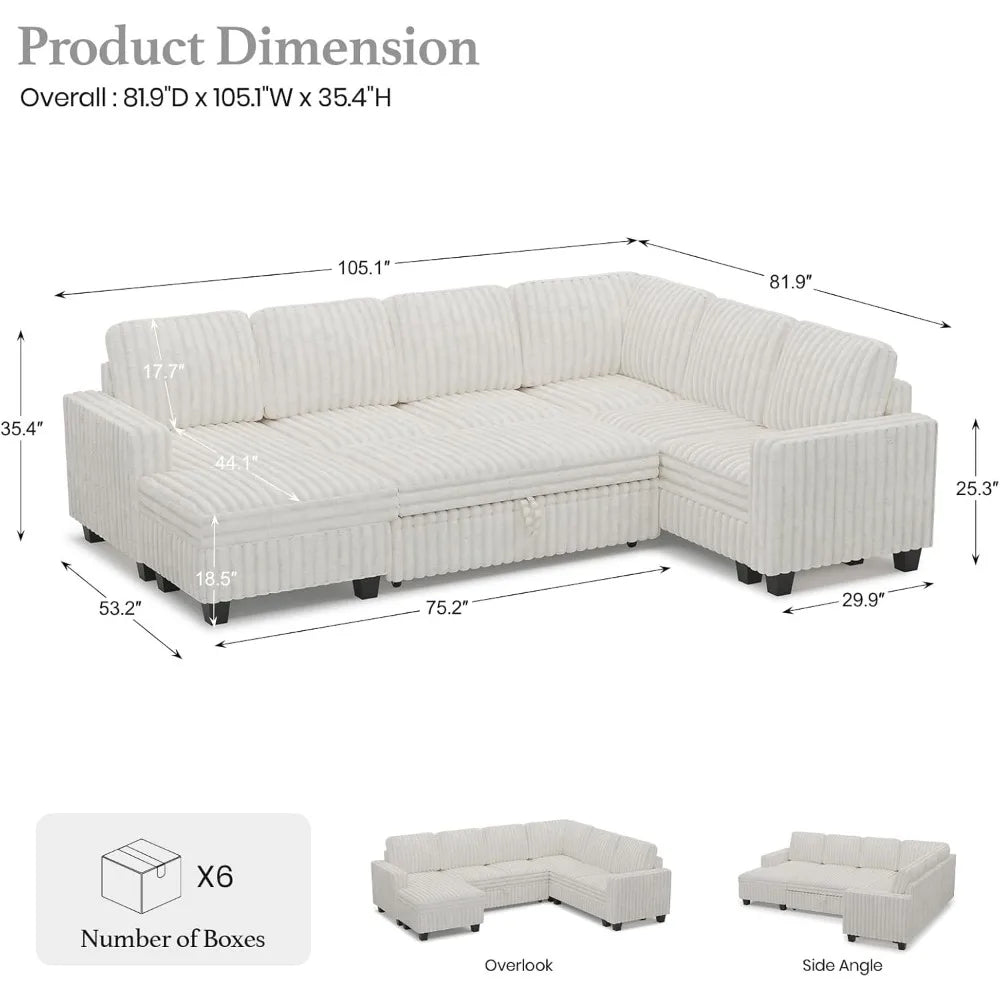 Corduroy Sleeper Sofa Bed with Storage Chaise Modular Sectional Sofa Couch with Pull Out Bed L Shaped Sectional Couches