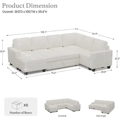 Corduroy Sleeper Sofa Bed with Storage Chaise Modular Sectional Sofa Couch with Pull Out Bed L Shaped Sectional Couches