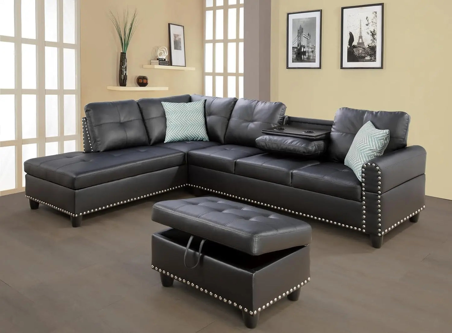Sectional Sofa Couch, Modern 4-Seaters Living Room Furniture Sets with Chaise Lounge, Ottoman & 2 Pillows | L Shape Couch