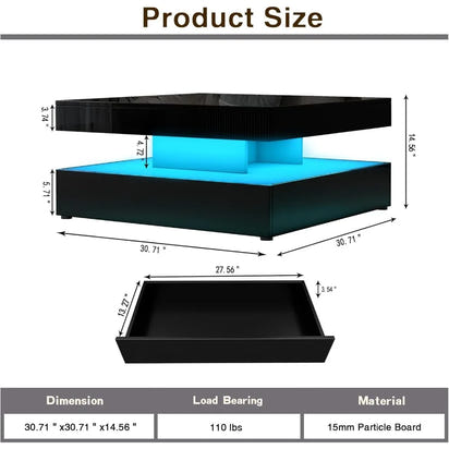 LED Coffee Table for Living Room with Storage - High Glossy Modern White Center Table with 2 Drawers, Square Wooden Middle Tabl