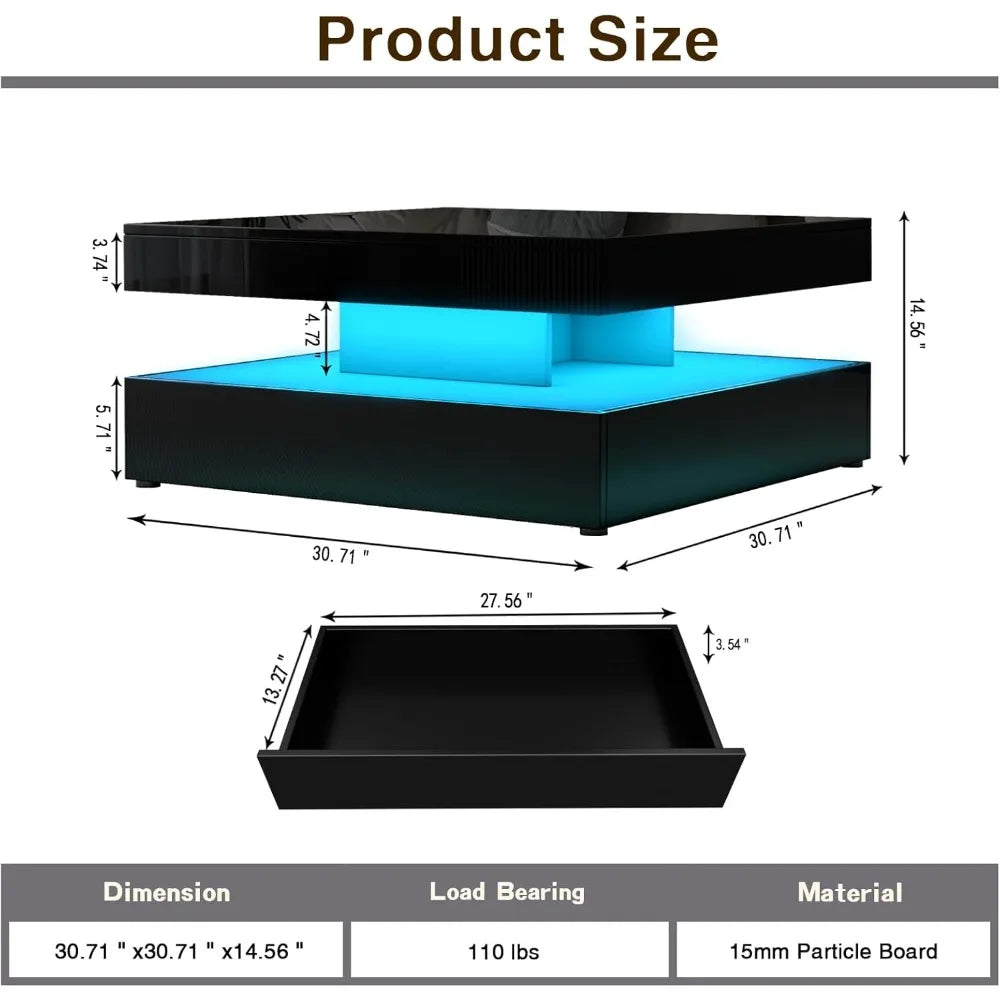 LED Coffee Table for Living Room with Storage - High Glossy Modern White Center Table with 2 Drawers, Square Wooden Middle Tabl