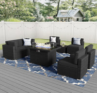 8 Pieces Patio Furniture Set with 44" Propane Gas Fire Pit Table, Outdoor Sectional Wicker Conversation Sofa Sets with Coffee Ta