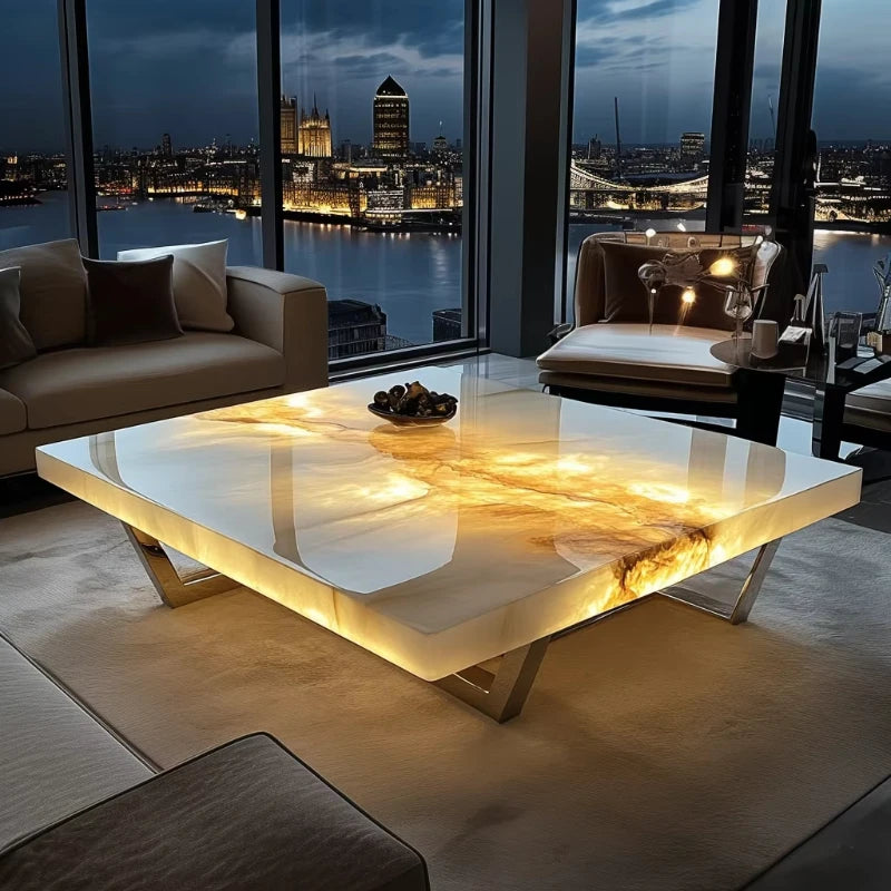 Square modern high-end coffee table expandable luminous jade natural marble living room home furniture
