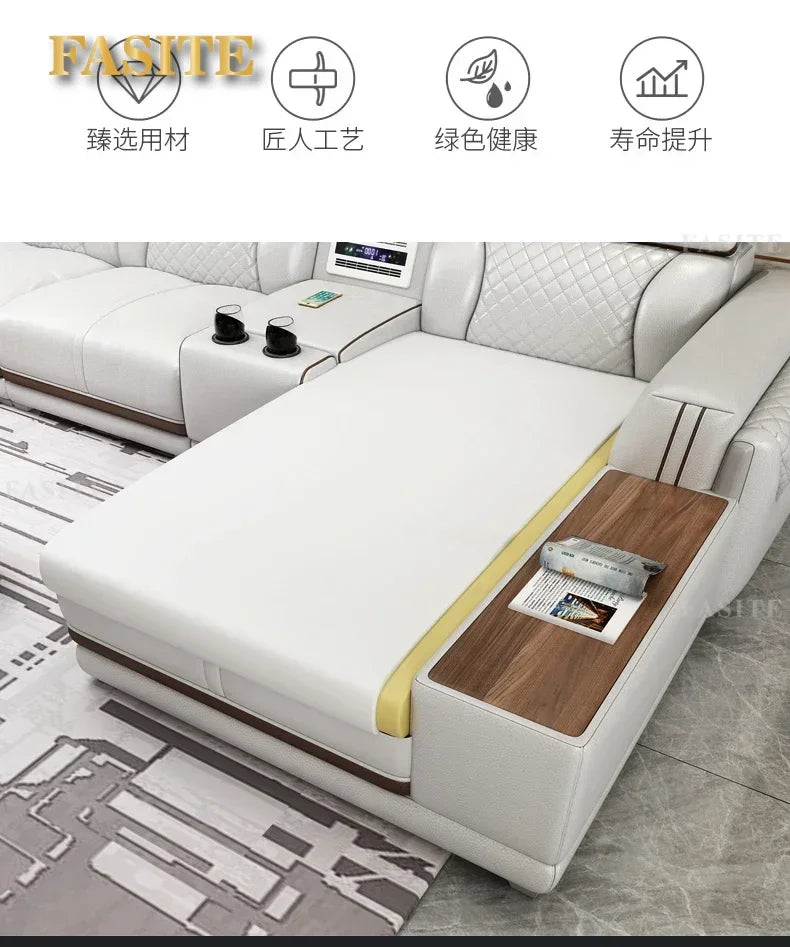 Italian leather sofa set, living room furniture, leather sofa with air purifier and Bluetooth speaker, Modernos Para Sala large