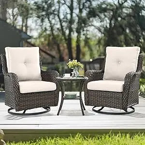 Chair Outdoor, Patio Bistro Furniture Conversation Set, Cushioned Wicker Chair with Glass Coffee