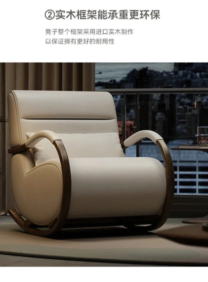 Solid wood leather lazy balcony leisure rocking chair bedroom living room household single sofa chair