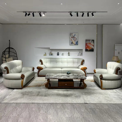 Ebony leather sofa modern light luxury high-end living room villa first layer cowhide solid wood new Chinese-style small