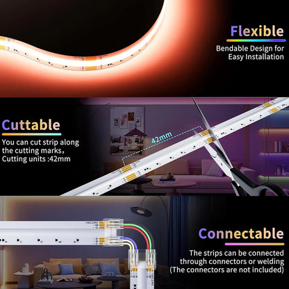 5M 10M 20M 24V COB RGB+CCT LED Strip Flexible Dimmable Room Cabinet Liner Light Bedroom Decor 2.4G RF Touch Panel Remote Control