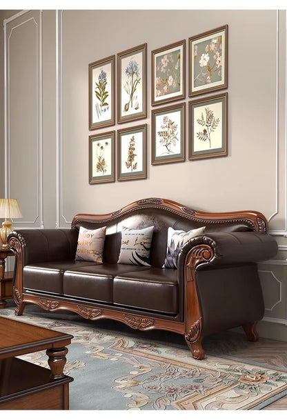 American vintage leather sofa living room solid wood country European style sofa inline furniture