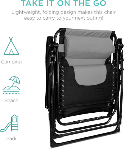 Oversized Padded Zero Gravity Chair, Folding Outdoor Patio Recliner, XL Anti Gravity Lounger for Backyard w/Headrest, Cup Holder