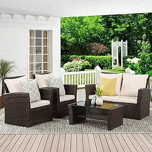 brown wicker outdoor patio furniture set with 4 pieces, conversation area for deck or porch, includes cushioned rattan sofa chai