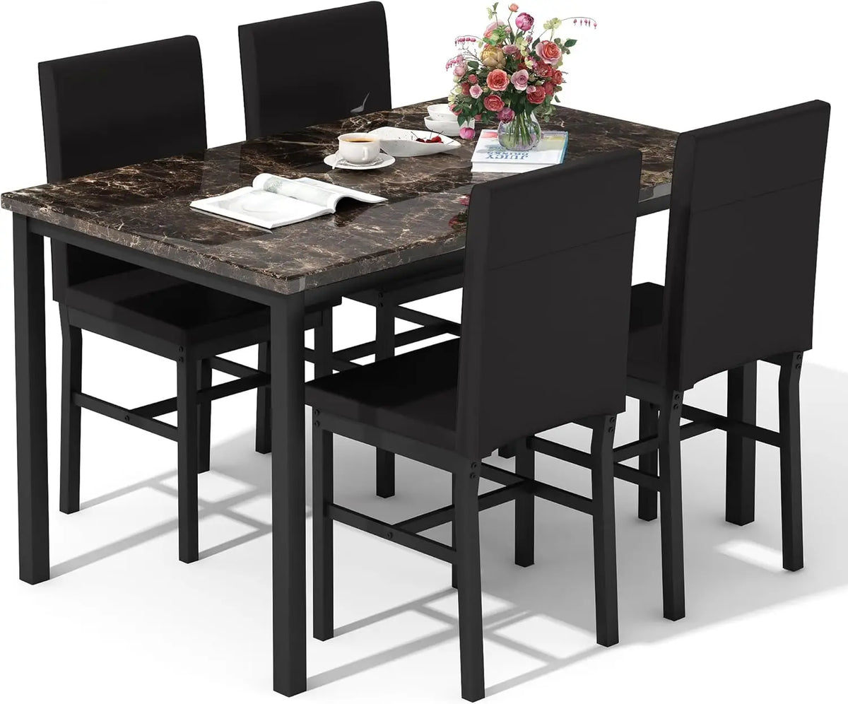 Modern Kitchen & Dining Room Sets Faux Marble Table with 4 Leather Chairs for Small Space, Home Kitchen, Apartment, Brown