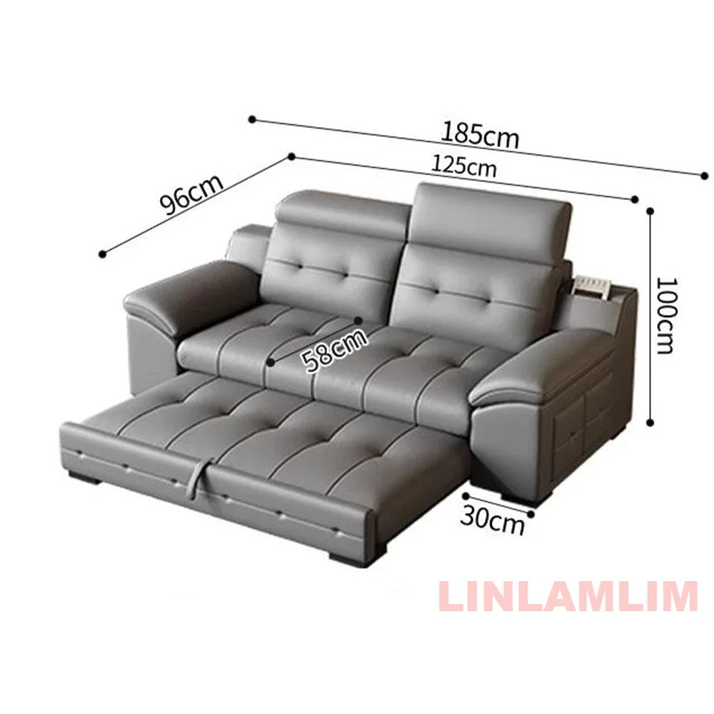 Electric Reclining Sectional Sofa Bed with Cup Holder & Adjustable Headrests – Italian Genuine Leather Convertible Sleeper Couch