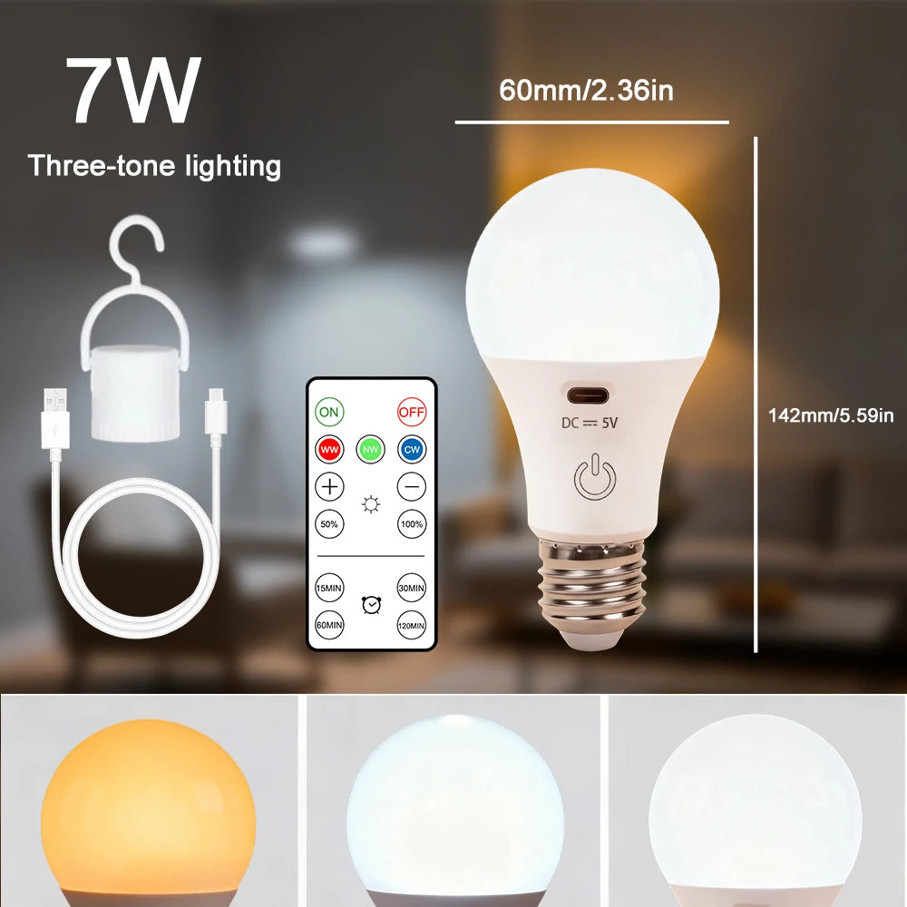RGB/3 color USB Led Bulb Rechargeable Light Bulb Smart Bulb Dimmable E27 Bulbs with Timing Cordless Battery Operated Light Bulb