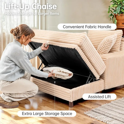 54" Oversized Chaise Lounge Chair Indoor, Comfy Sofa Bed with Storage and Ottoman, Upholstered Reading Chairs Cloud Couches, Kha