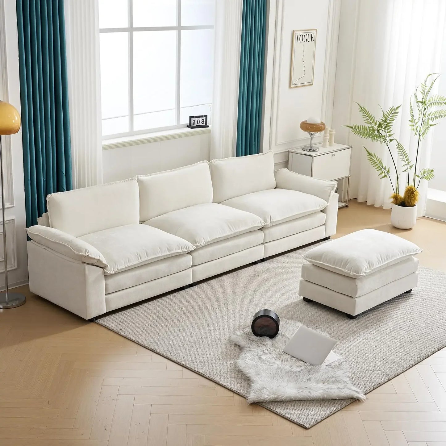 -Modern Living Room Furniture 2 Seat Couch Sectional Loveseat White Fabric L Shaped Sofa Set