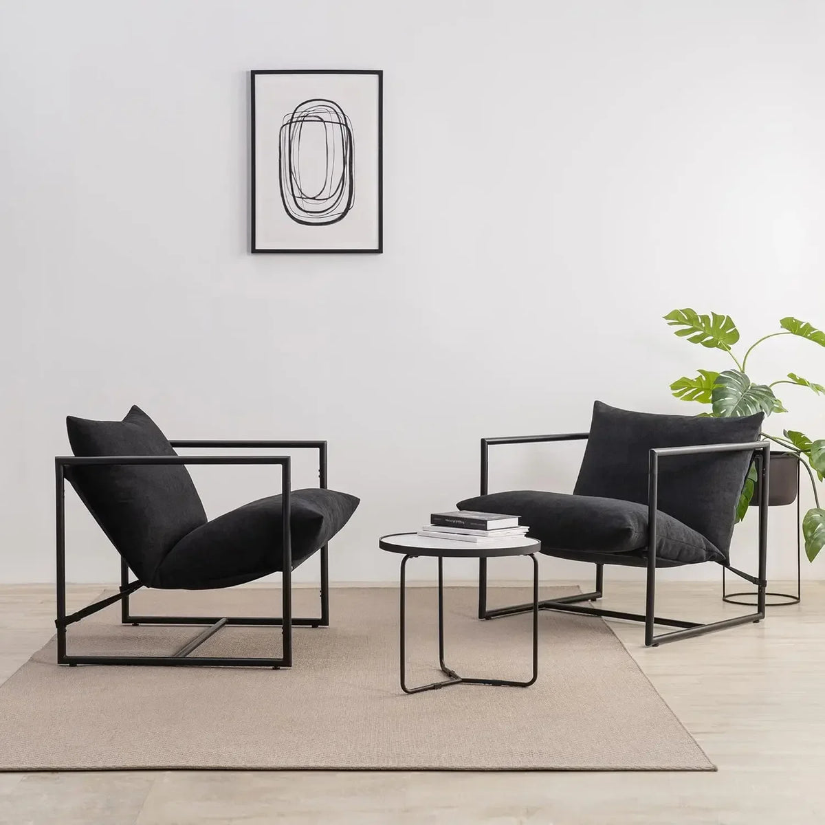 New2025-Aidan Sling Accent Chair, Metal Framed Armchair with Shredded Foam Cushioning, Black